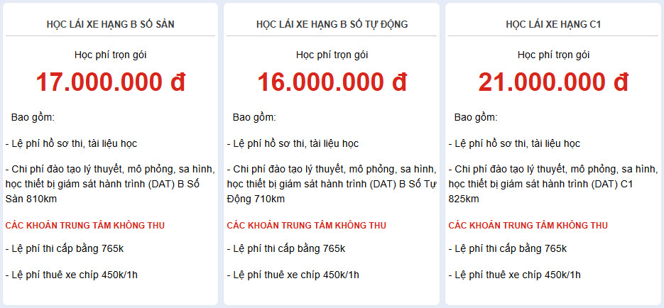 bảng giá học lái xe ô tô
